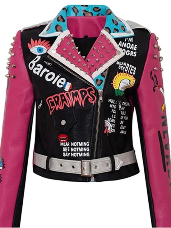 Jackets & Blazers - Street Punk Pleather Studded Black & Pink Graphic Biker Moto Jacket | Size XL